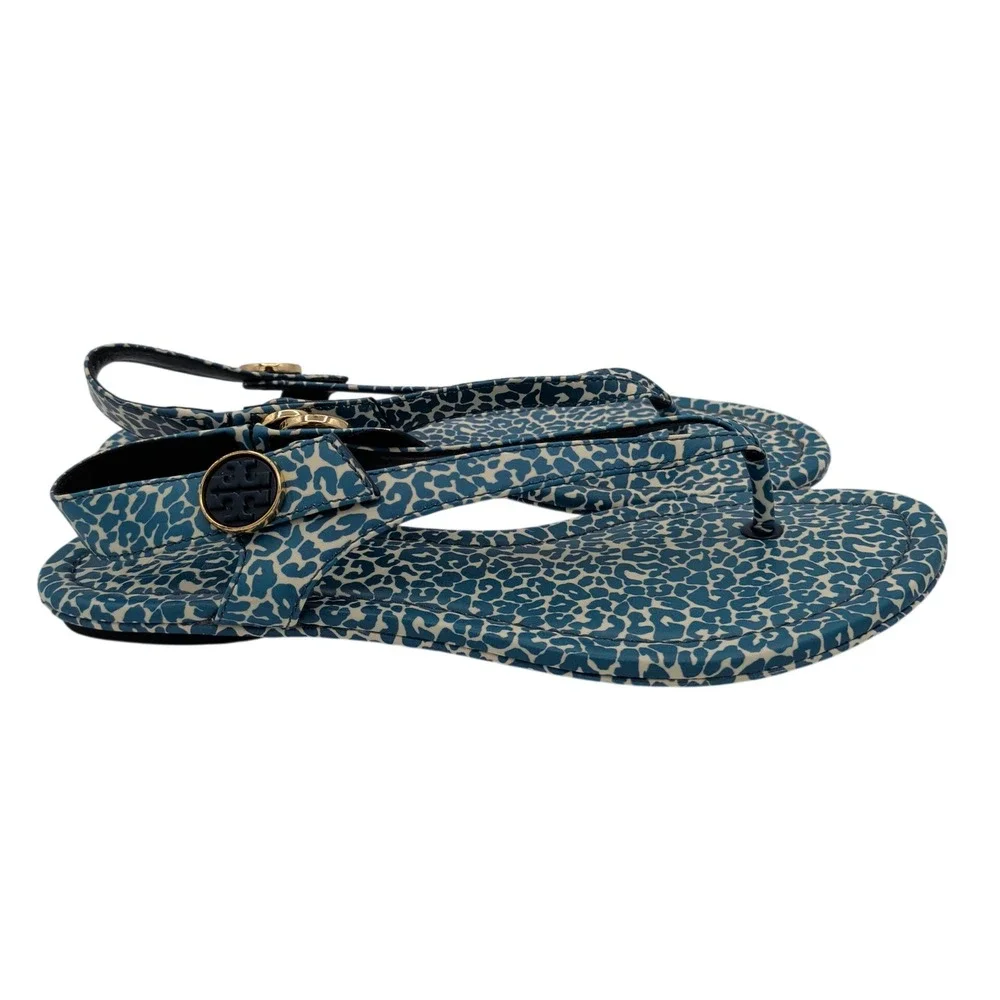 Tory Burch Minnie Travel Sandal Blue Leopard Print Leather Thong Slingback 8M
